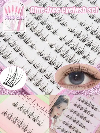 AYRMILLA 可重复使用免胶睫毛 C 卷度簇状睫毛 5-12mm 自然漫画簇状睫毛，自然妆效预粘睫毛，假睫毛套装，浓密卡通风格，外观自然，适合初学者，浓密蓬松，可重复使用自粘睫毛簇，按压式睫毛，超薄轻盈，易于初学者使用（无残留，持久）