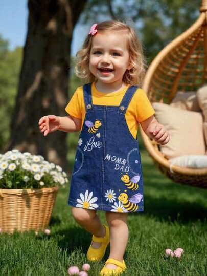 1 pieza Vestido de manga corta de 2 en 1 con cuello redondo, estampado de abeja y floral, para verano