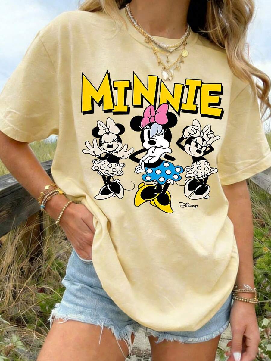 Disney Casual Minnie Mouse Trio Oversized Tee – Versatile Washed Yellow Short Sleeve Top With Playful Print For Mix-And-Match Outfits - Màu be - Xem 1