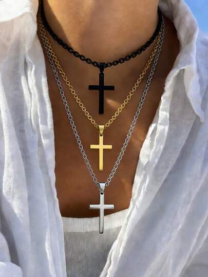 1件金色、银色、黑色十字架项链，高品质金属纯色十字架吊坠项链，适合男士、女士和青少年佩戴