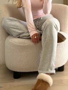 Y2K Style Drawstring Waist Straight Leg Pants, Solid Color Casual Homewear And Commuting For Summer - Light Grey - View 5