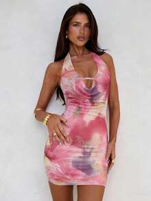 1件女士夏季印花优雅迷你连衣裙，修身系领沙滩派对连衣裙 - 紫色 - 查看 3