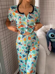 Women's Pajamas Stitch Print Lace Trim Rolled Button Short-Sleeve And Long-Pants Set - Multicolor - View 5