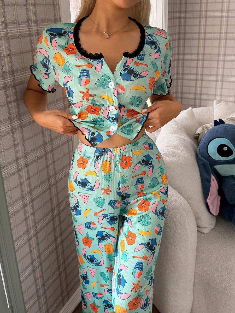 Disney Women's Pajamas Stitch Print Lace Trim Rolled Button Short-Sleeve And Long-Pants Set - Multicolor - View 1