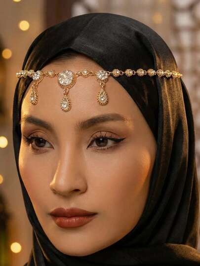 1pc Arabic Bride Wedding Hair Accessory, Women's Rhinestone Teardrop Pendant Hair Chain