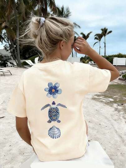 Camiseta de cuello redondo de manga corta con estampado gráfico informal para niñas preadolescentes, top de verano