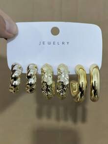 2/6/18pcs Gold-Tone Fashion Earring Set For Women. Includes Textured Teardrop, Textured C-Hoop, Twisted, Wood, Smooth Large C, And Faceted Wide C Styles. Suitable For Daily Wear, Parties, Gifting To Relatives, Friends, Girlfriends, Couples, And Mothers. - Gold - View 3