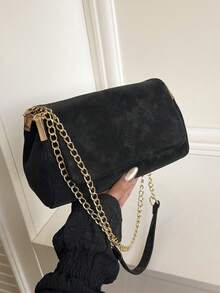 New Autumn/Winter Solid Color Suede Simple Shoulder Bag, Classic Versatile Flap Gold Chain Crossbody Bag For Women, Suitable For Shopping, Wallet, Young Ladies, College Students, Newlyweds, Office Workers. Ideal For Office, School, Work, Business, Commuting, Outdoor Activities, Travel, Going Out And Other Occasions. - Black - View 4