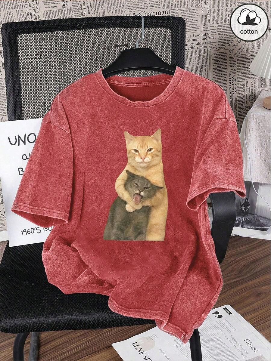 女士夏季猫咪印花休闲简约日常复古街头风宽松舒适圆领短袖T恤夏季服装 - 紅色 - 查看 1