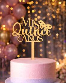 Cake Topper "Mis Quince Años" con Mariposas – Decoración para Pastel XV Años, Fiesta Quinceañera, Centro de Mesa - Café integral - Ver 1