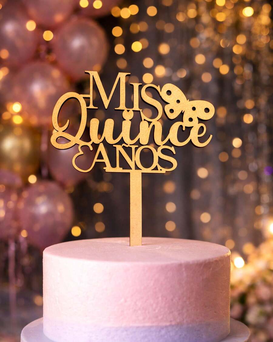 Cake Topper "Mis Quince Años" con Mariposas – Decoración para Pastel XV Años, Fiesta Quinceañera, Centro de Mesa - Café integral - Ver 1
