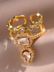 2 pezzi Set di bracciale e anello con charm a forma di faccia sorridente in zirconia cubica della serie fantasy, set di gioielli da matrimonio in lega di rame con zirconia cubica brillante, adatto per banchetti, balli, feste - Oro giallo - Visualizzare 7