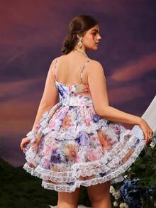 Faeriesty Elegant Ditsy Floral Slip Dress, Layered Ruffle Design, Backless Style, Suitable For Garden Wedding Photoshoot, Romantic Portrait Session, Outdoor Engagement Celebration, Nature-Themed Editorial And Charming Forest Styling Vacation Spring Party - Multicolor - View 3