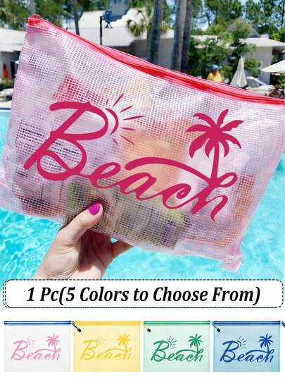 Multi-Color Waterproof Fashion Beach Bag With "Beach"Color Printing, Palm Trees, Sunshine. Large Capacity Transparent Cosmetic Bag With Nylon Zipper - Lightweight, Storing Sunscreen, Snacks, Bikinis, And Beach Essentials. Spring And Summer Storage, Durable, Very Suitable For Swimming, Beach, Diving And Summer Vacation