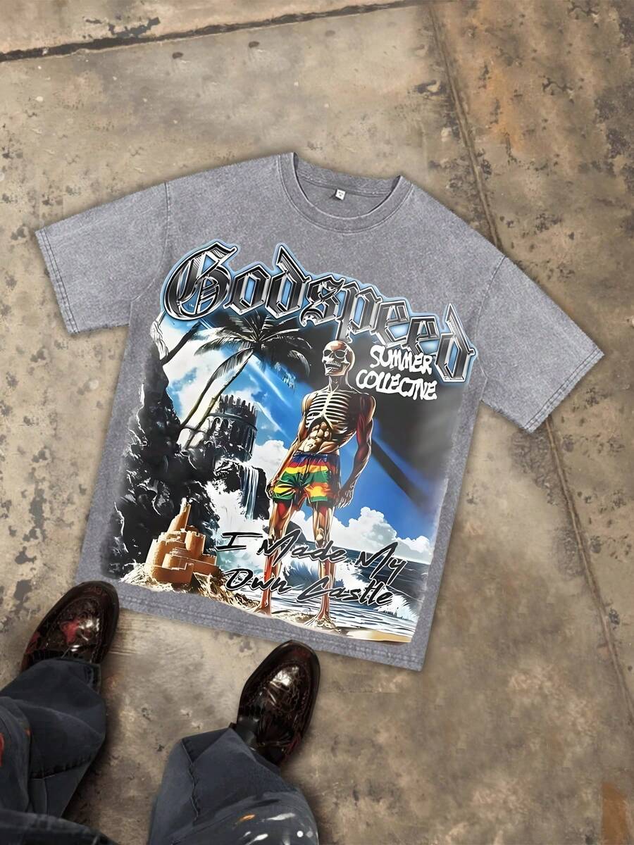 Vintage Washed Pure Cotton 230g Printed T-Shirt, Christian Style, GODSPEED Jesus Religious Pattern Print, Y2K Pattern T-Shirt, Street Style Pure Cotton T-Shirt, Holiday Gift. - 灰色 - 查看 1