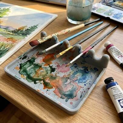 Watercolor Brush Holder With Drip Tray, Paint Brush Drying Rack Stand, Desktop Brush Rest Organizer For Art Studio, Keeps Brushes Elevated & Table Clean