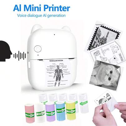 PRINHSJI 便携式AI迷你打印机，无墨热敏贴纸制作机，附赠10卷打印纸，可用于打印图片、照片、学习日记、标签、便签，适用于学校、办公室、家庭DIY礼品