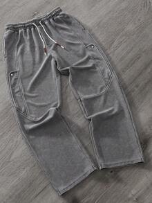 男士休闲美式浅灰色格子工装裤，多口袋抽绳直筒裤 - 灰色 - 查看 2