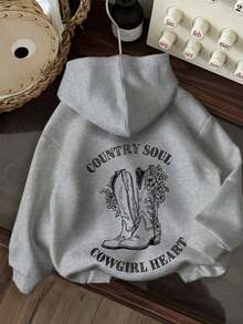 Women's Country Style Printed Kangaroo Hoodie, Warm Flannel Lined, With Pocket And Hood, Ideal For Winter - 灰色 - 查看 2