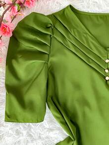 Evangelical Fashion Women's Blouse With Puff Sleeve - xanh quân đội - Xem 4