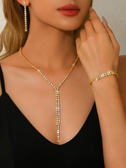 Elegant Gold Crystal Necklace, Earrings And Bracelet Set, Fashionable Accessories Suitable For Parties And Nights Out