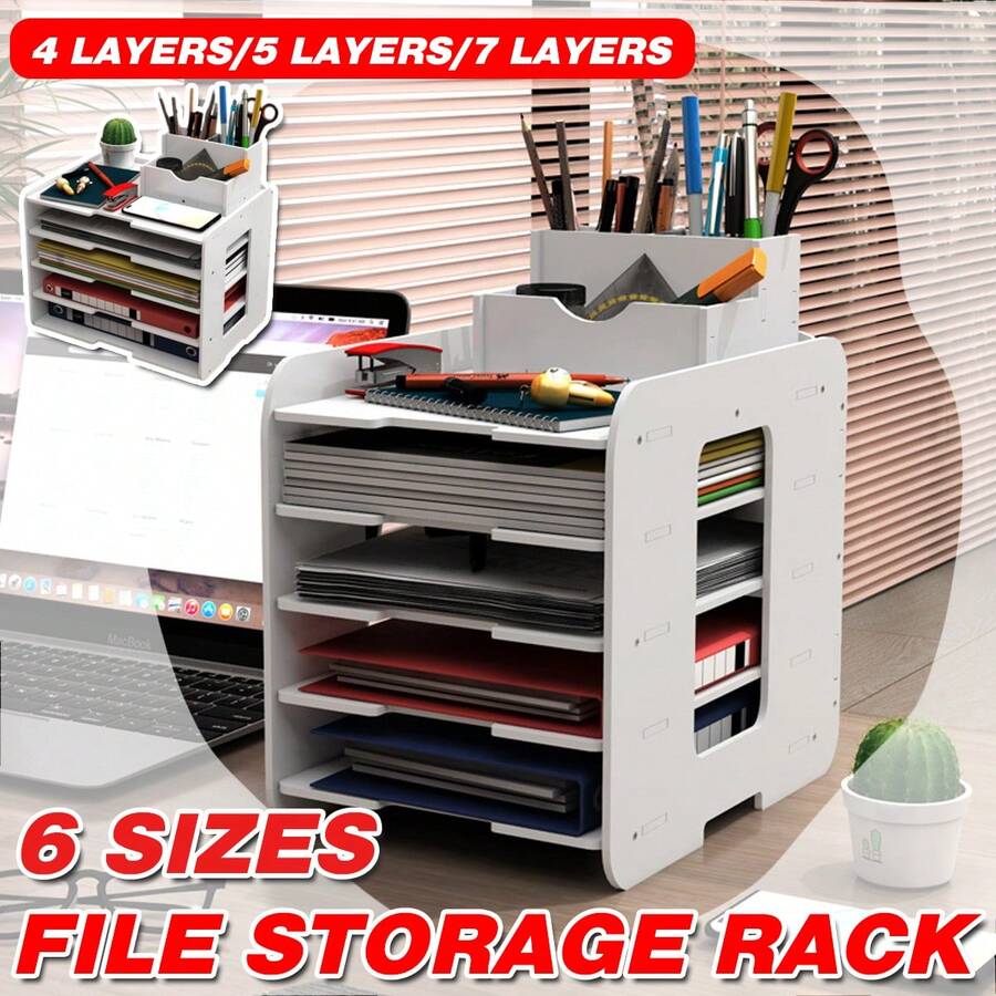 Aimall Desktop File Storage Rack, Multi-Layer Storage Rack, Office Large Capacity Storage Rack, Office Storage File Rack - White - View 1