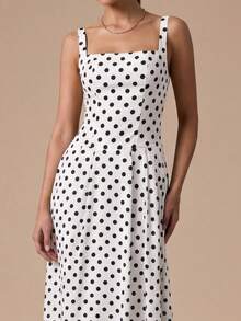 优雅黑白波点方领无袖长款连衣裙 - A字廓形，复古时尚，适合正式晚宴、周末早午餐、城市漫步、约会之夜、休闲外出、海滩度假，简约春夏风格。 - 白色 - 查看 8