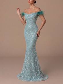 Faeriesty Luxury Beaded & Sequin Maxi Dress - Sparkling Geometric Beading And Feather Shoulder Details, Fitted Mermaid Silhouette With Floor-Length Hem, Suitable For Galas, Weddings, Red Carpets And Other Formal Occasions To Showcase Alluring Elegance. - Cadet Blue - View 4