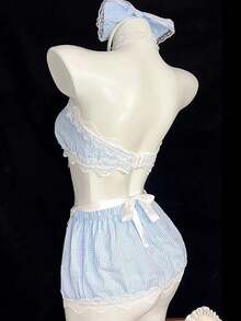 Blue Grid Maid Role-Play Costume Women Sexy Nightwear Laceup Mini Skirt JK Style Floral Lace Valentine's Day Honeymoon Weeding Night Sexy Sleepwear Nightgown With Headband For Wife Lover - 藍色 - 查看 3