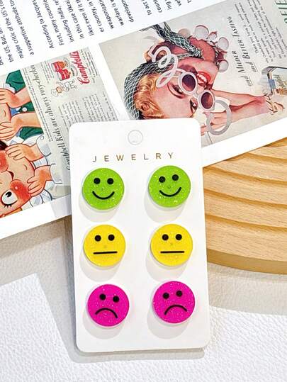 1对亚克力材质返校季可爱3件装奖励贴纸耳环，表情多样，红黄绿闪闪发光，可爱迷人，趣味十足的课堂礼物，适合女孩