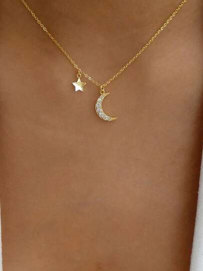 1件简约星月吊坠项链，百搭饰品，可爱水钻镶嵌星月吊坠项链，女士款