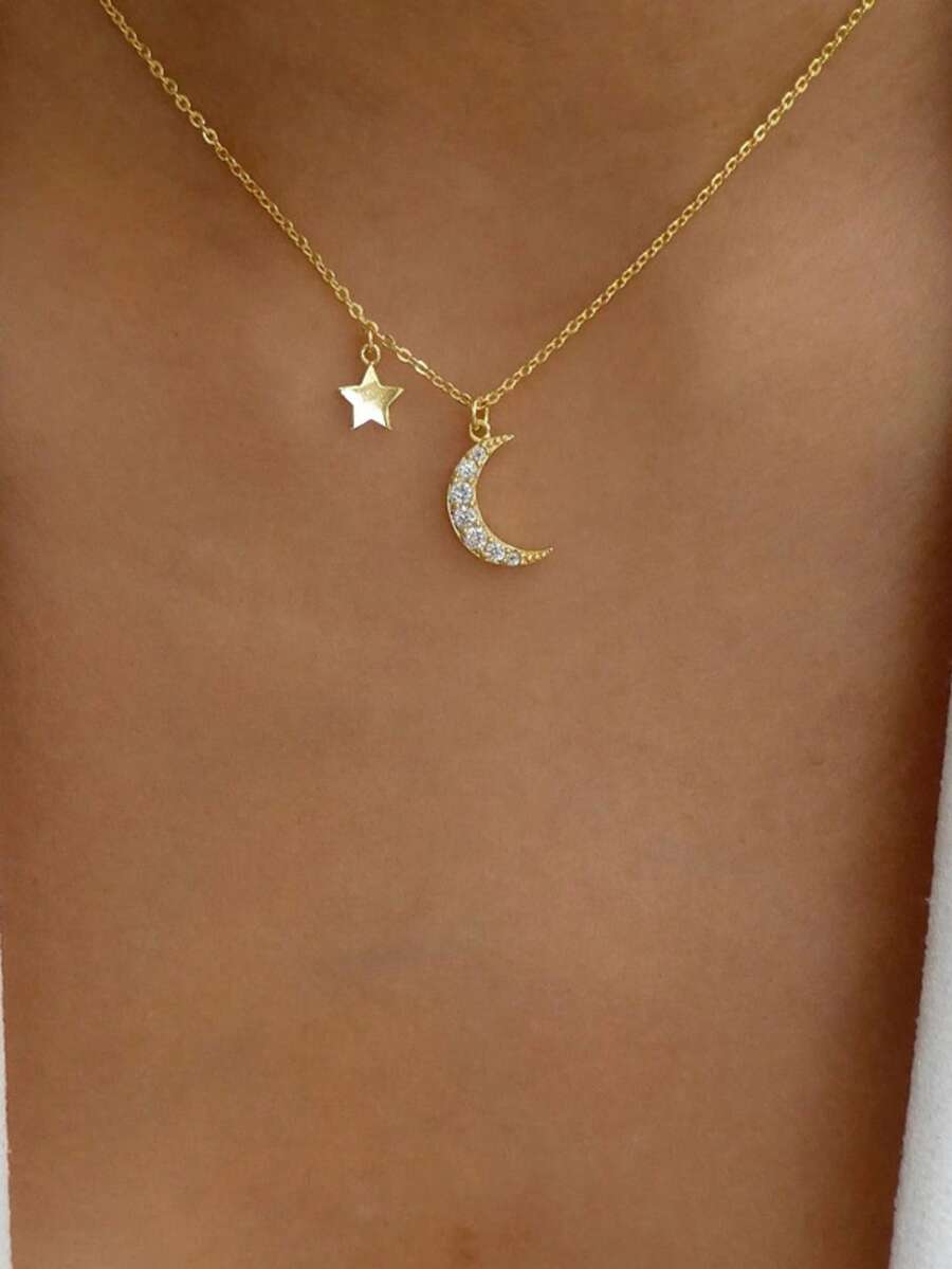 1件简约星月吊坠项链，百搭饰品，可爱水钻镶嵌星月吊坠项链，女士款 - 金黃色 - 查看 1