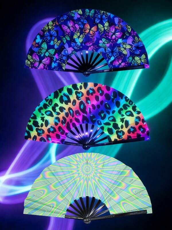 1pc Glow-In-The-Dark Foldable Hand Fan, Portable Bamboo Fan, Summer Essential Cooling Gadget. Features Vibrant Fluorescent Patterns, Suitable For Parties, Festivals, Stage Performances, Dancing, Bedroom Decor, Nighttime Activities, Celebrations, Weddings, Adult Gifts And Home Decor. Fashionable And Cool, Must-Have Item!