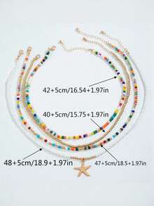 4pcs Bohemian Style Random Color Beaded Starfish Pendant Necklace Set, Suitable For Beach, Vacation, Party - Colorful - View 3