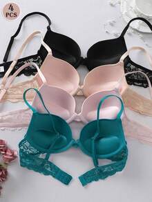 4件套女士蕾丝加垫无钢圈聚拢文胸，多色 - 彩色 - 查看 1