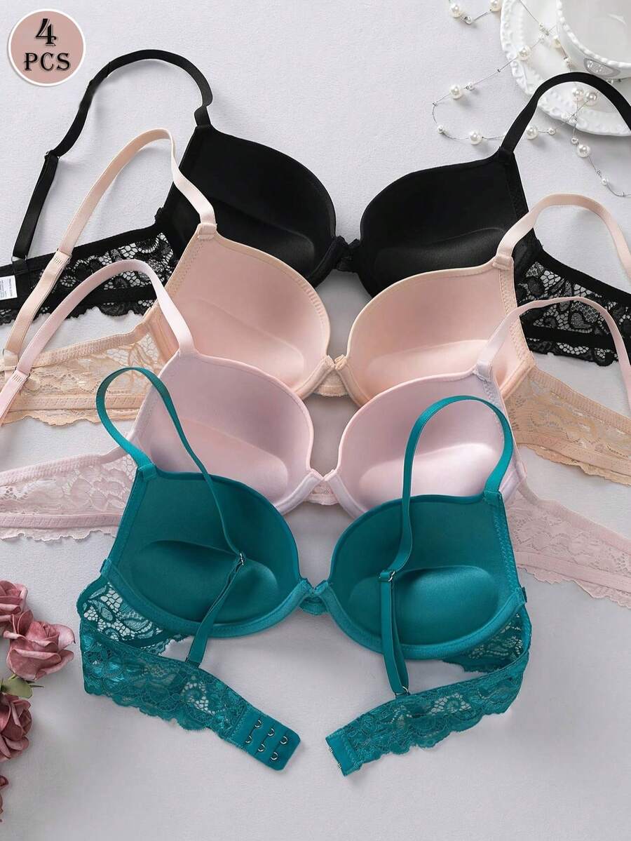 4件套女士蕾丝加垫无钢圈聚拢文胸，多色 - 彩色 - 查看 1