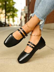 Women's Retro Double Buckle Mary Jane Shoes, Black Soft Leather Slip-On Casual Comfortable Everyday Shoes - Black - View 4