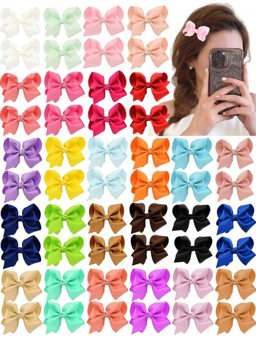 12/24/40pcs Polyester Casual Bow Hair Clips, Cute Random Color Pairs, Versatile Barrettes For Women, Fashion Hair Accessories Suitable For Various Occasions, Birthdays, Parties, Minimalist Outfits, Claw Clips, Hair Slide - 彩色 - 查看 1