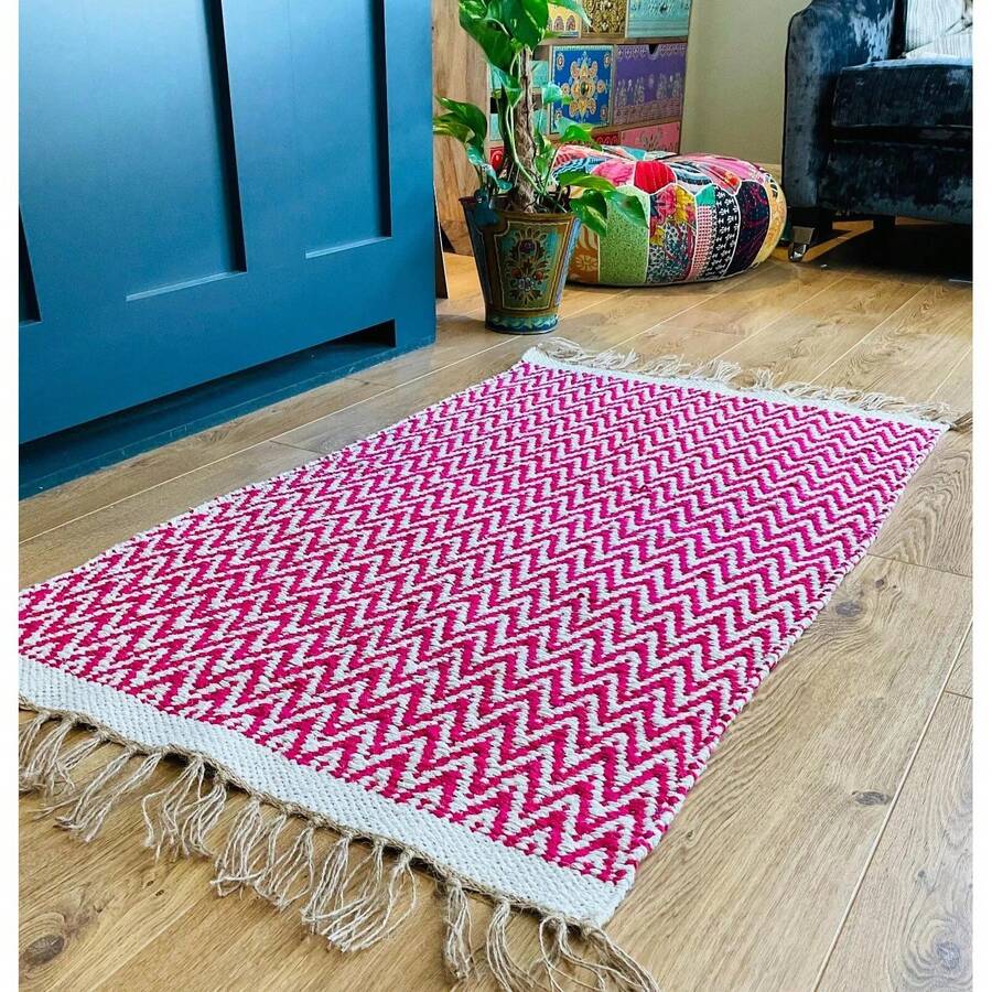 Pink Bedroom Rug Soft Cotton Jute Herringbone Pattern Rugs Scandi 70 Cm X 115 Cm - Multicolor - View 1