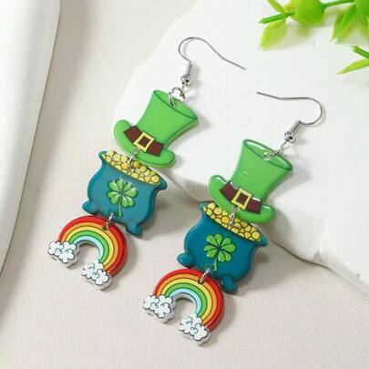 1对圣帕特里克节亚克力绿色三叶草长吊坠耳环