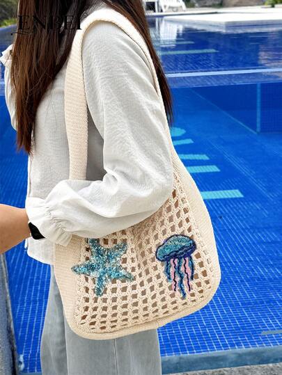  ENBEI 2026 Fashion Spring/Summer Women's Retro Vacation Style Beach Bag, Hand-Woven Shoulder Strap Crochet Large Capacity Bag, Foldable, Hollow Out Elegant Women's Tote Bag, Travel Essential, Suitable For Dating, Outings, Shopping, Vacation Must-Have, Cruise Essential, Perfect As A Mother's Day Gift, Valentine's Day Gift, Or Teacher's Day Gift.