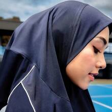 1pc Minimalist Solid Color Sport Hijab Cap, Breathable Quick-Dry Integrated Head Cover For Fitness & Outdoor - Navy Blue - View 4