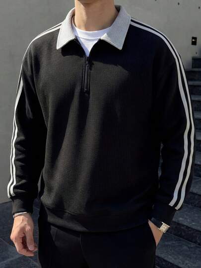 男士休闲条纹宽松罗纹袖口下摆设计柔软舒适户外休闲拉链卫衣外套，秋季款