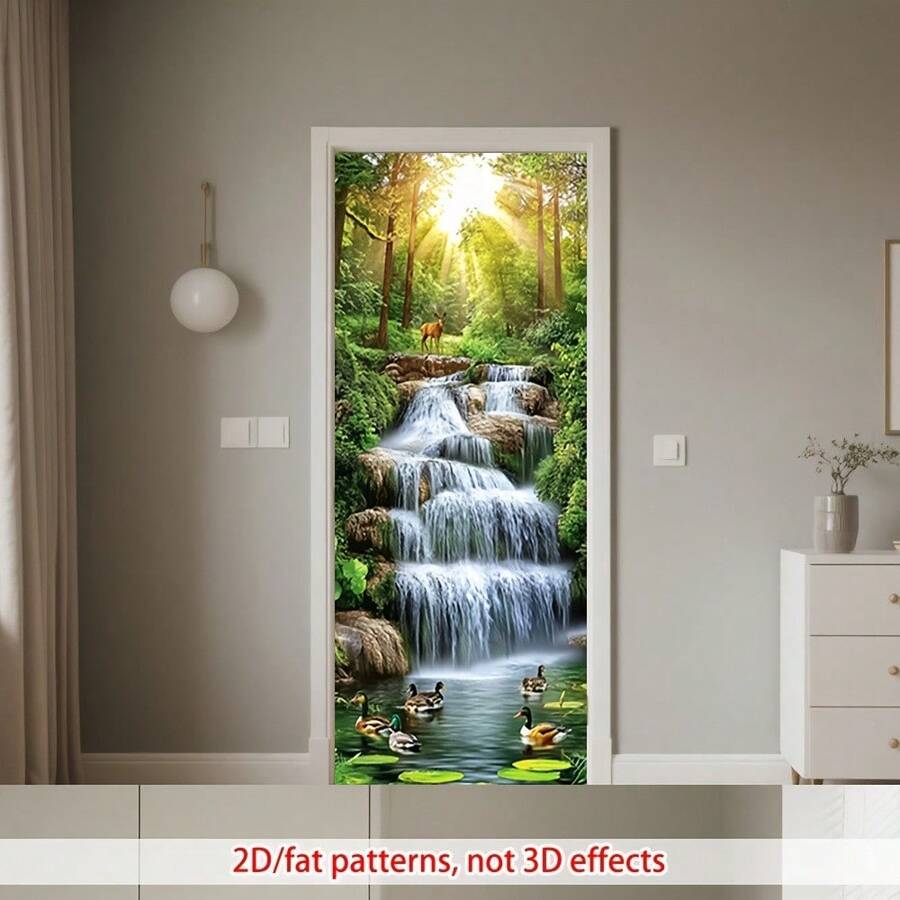 1/2片装自粘PVC森林鹿瀑布门贴 - 逼真的3D全息森林场景，包含瀑布、绿植和鹿。可移除光面塑料膜。适用于墙壁和门。 - 易于撕贴/办公室/自然主题装饰。