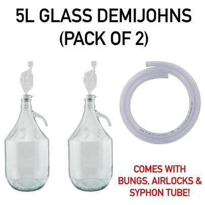 2 X 5L Demijohns Gl With Bungs, Airlocks & Syphon Tube, Winemaking, Homebrew