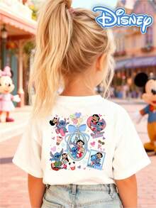 [Disney Authorized] Front: Lilo And Stitch Hula Dancing With Text "SUMMER VIBES" Back: Lilo And Stitch Multi-Panel Collage With Heart, Bow, Ice Cream Elements And Text "BEST FRIENDS FOREVER" "BESTIE" Double-Sided Print Pattern Girls' T-Shirt - Children's Clothing Design Short-Sleeve Casual Cute Style Comfortable And Relaxed Suitable For Boys And Girls, Perfect For Parties And Play Machine Washable Gift Children's Clothing Girls' Short-Sleeve Shirt - trắng - Xem 5