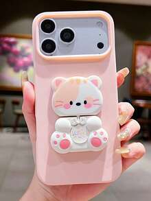 Fashion Kawaii 3D Cat Compact Mirror Folding Stand Holder Case Compatible With Iphone 17 Pro Max 16Pro 15 14 13 12 11 X XS Max XR Soft TPU Cover - Pink - View 10
