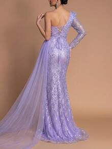 Faeriesty Váy dạ hội dài tay đơn vai dành cho nữ có chi tiết buộc sau lưng, áo choàng voan mỏng và chân váy đuôi cá - Đầm dạ hội trang trọng cho sự kiện trang trọng, trang phục cưới, đêm nhạc Opera, tiệc tối sang trọng - Màu tím - Xem 3