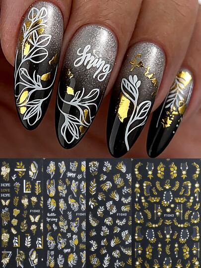 4/2pcs Spring Floral Nail Art Stickers Hot Stamping Gold Floral Leaves, Butterflies, Geometric Lines, 3D Nail Designs, Cute And Charming Nail Decorations, Self-Adhesive Nail Decals, DIY Nail Salon Accessories, Nail Supplies