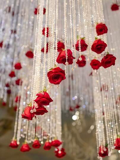21pcs Red Rose Waterfall Hanging Flower Wreath, Crystal Beaded Artificial Rose Decor, Suitable For Valentine's Day, Wedding Party, Bridal Shower, Birthday Party, Home & Garden Decoration
